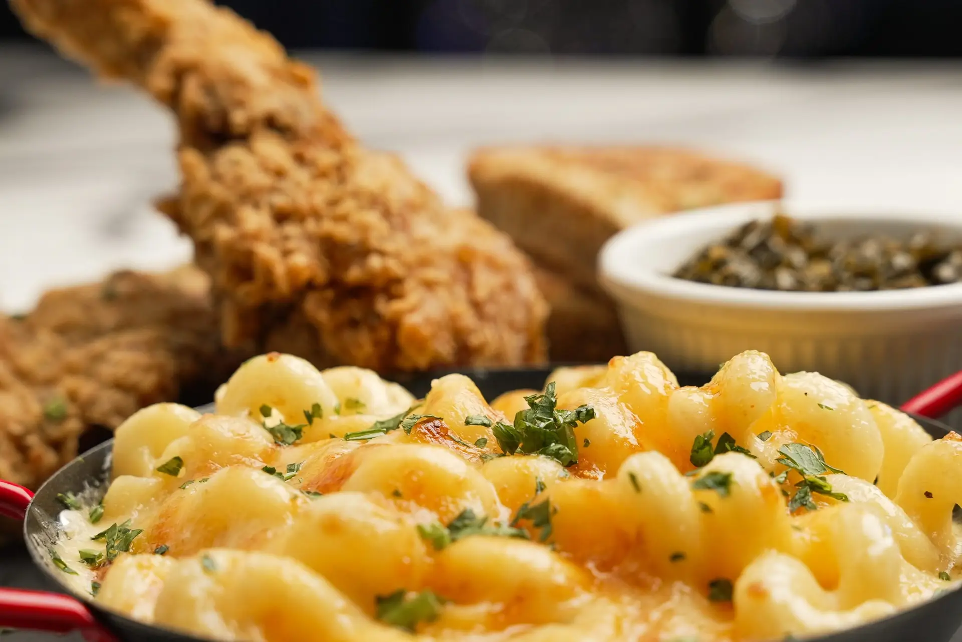 SOUTHERN DEEP-FRIED CHICKEN Collar green, macaroni & cheese, cornbread